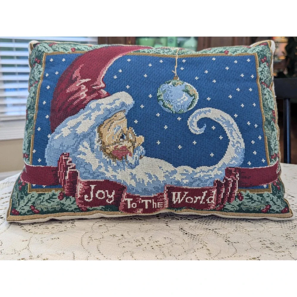 Vintage Santa Tapestry Pillow Joy to the World Christmas Holiday Decor